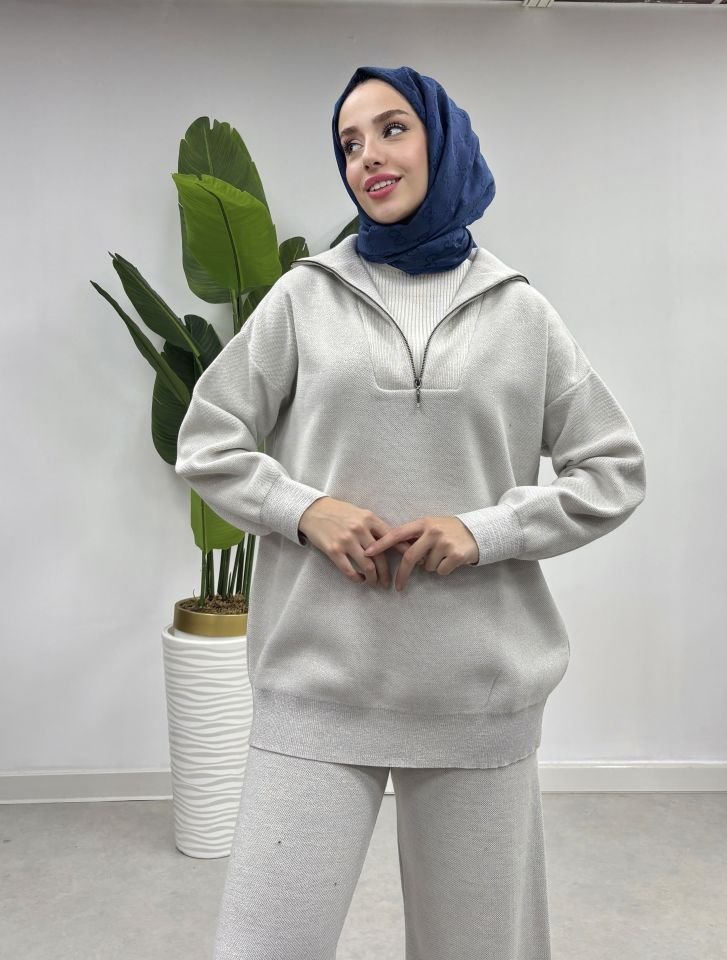 Simli merserize triko takım gümüş renk