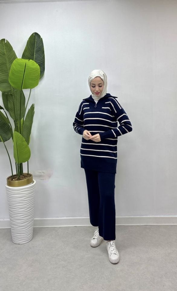 çizgili merserize triko takım lacivert