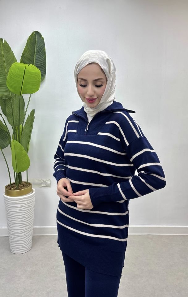 çizgili merserize triko takım lacivert