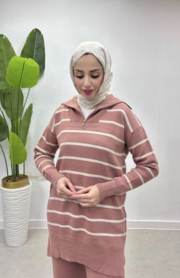 çizgili merserize triko takım pembe