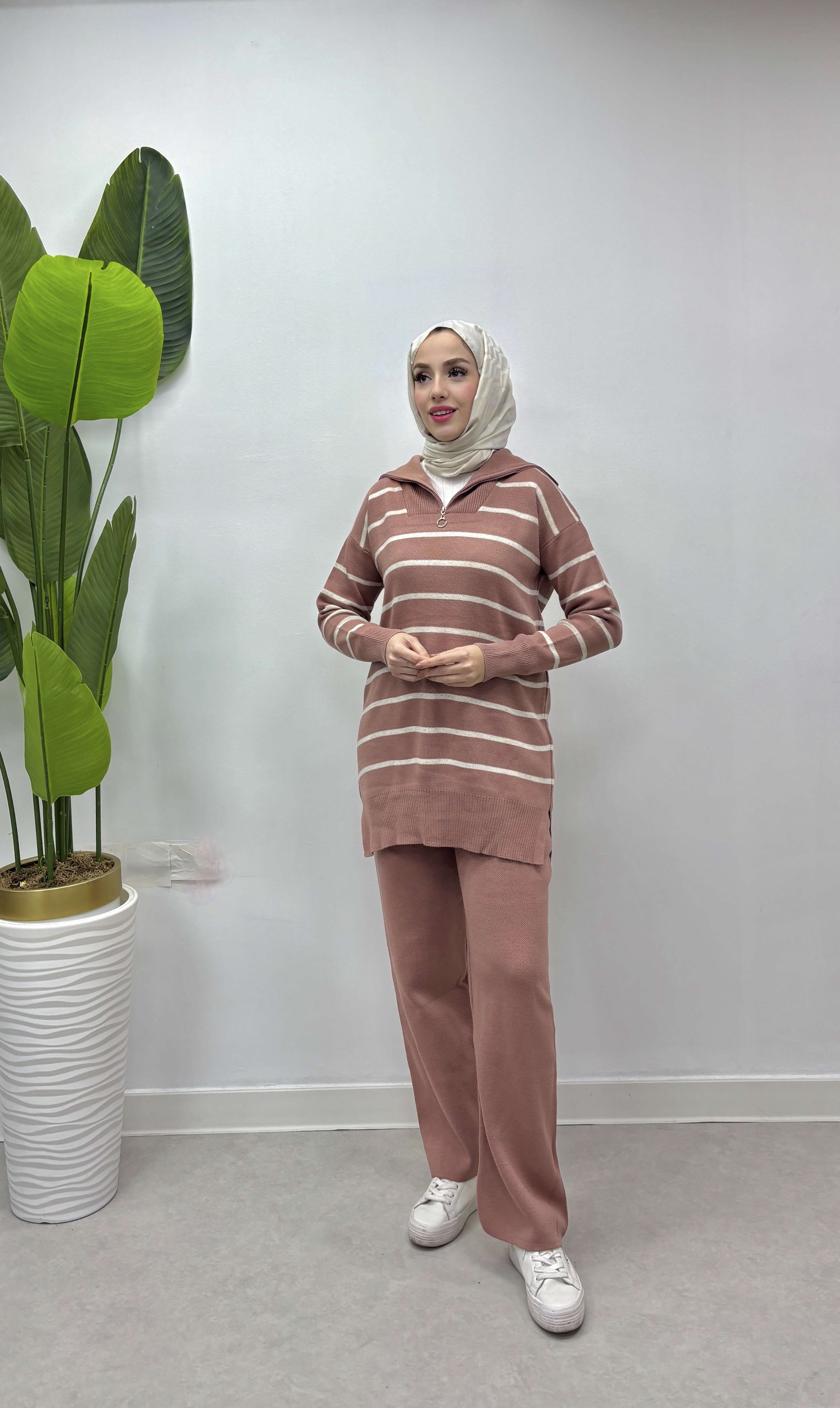 çizgili merserize triko takım pembe
