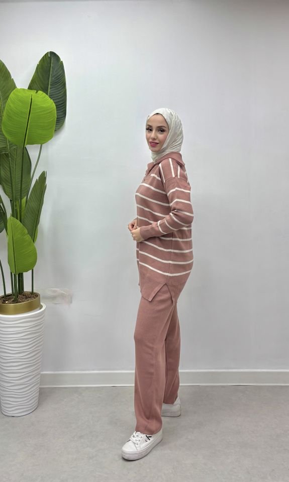 çizgili merserize triko takım pembe