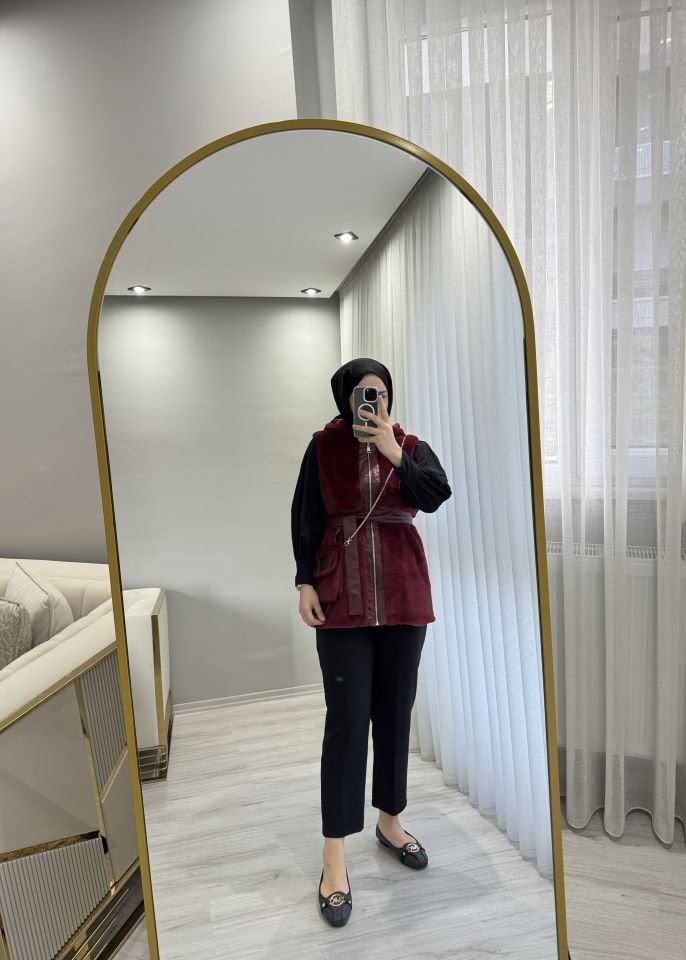 Peluş yelek bordo