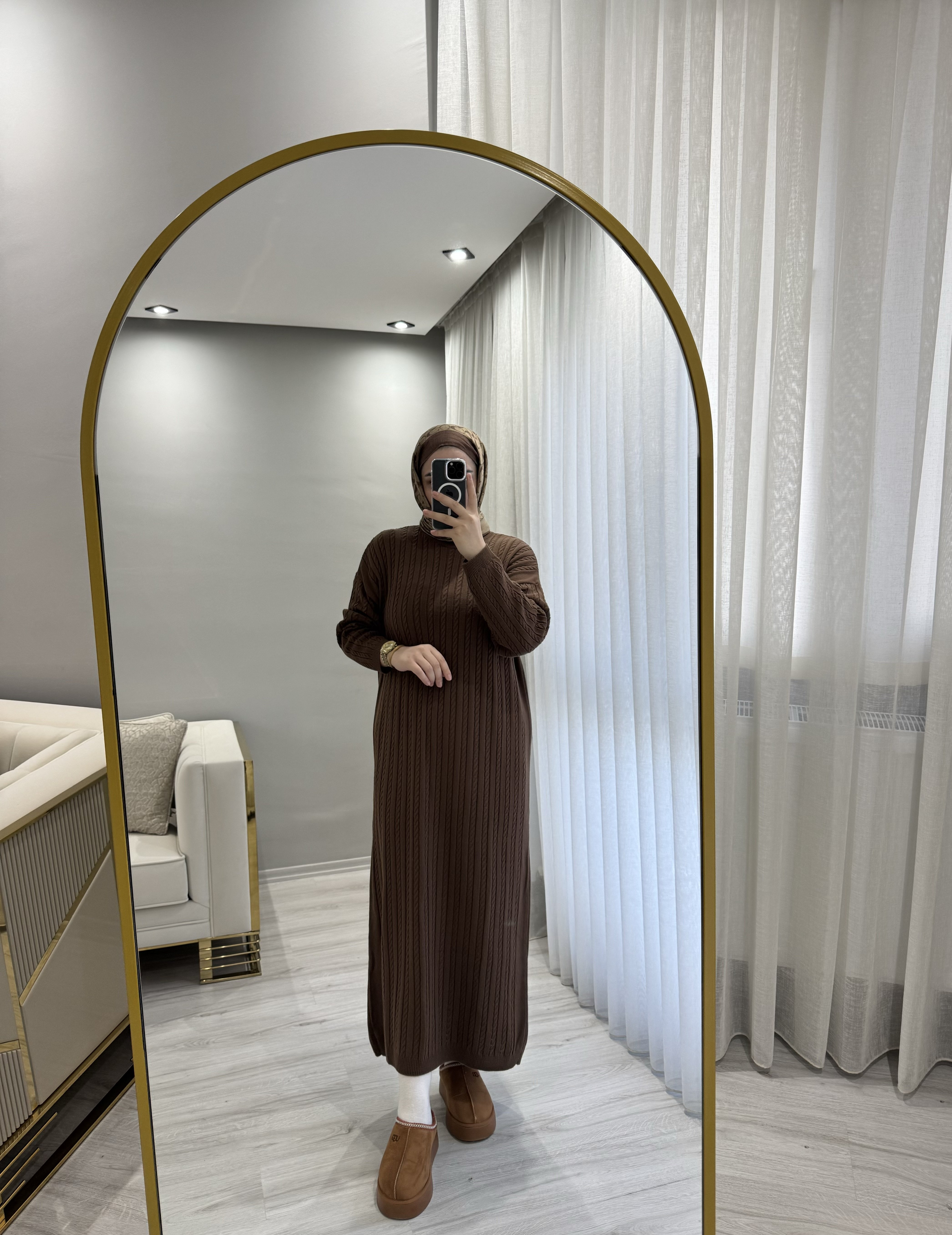 Örgülü triko elbise kahverengi