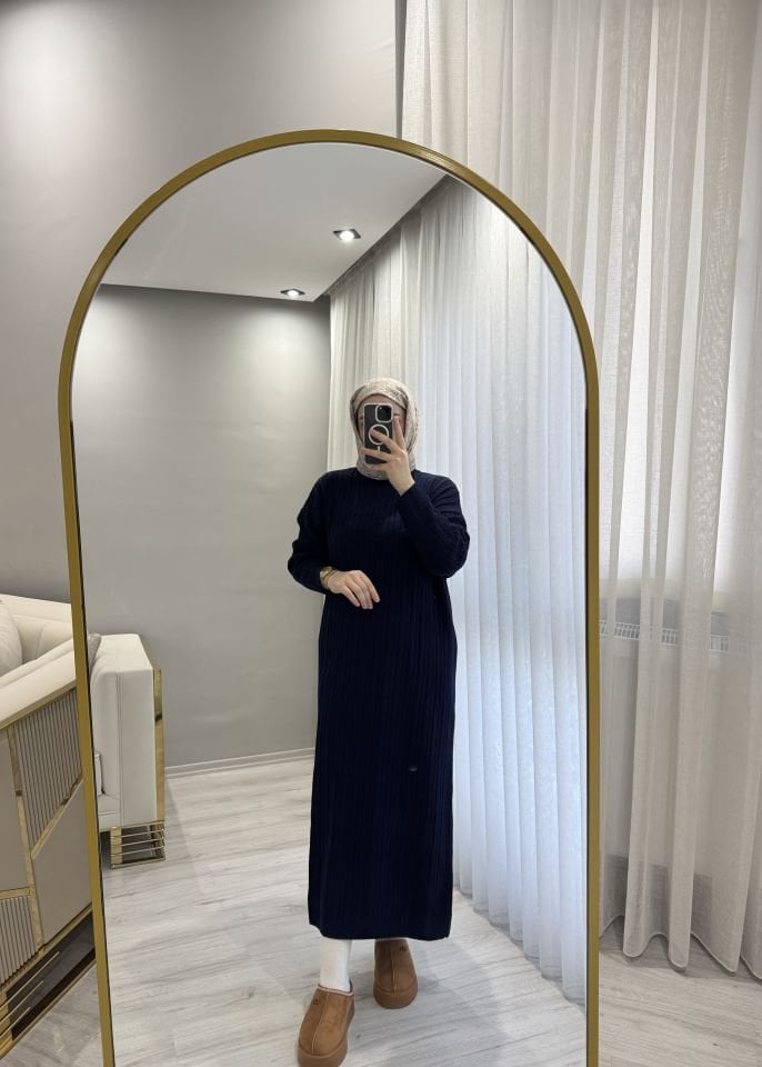 Örgülü triko elbise lacivert