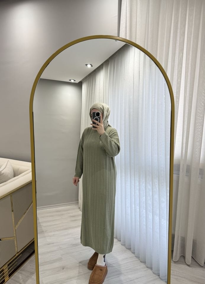 Örgülü triko elbise mint yeşili