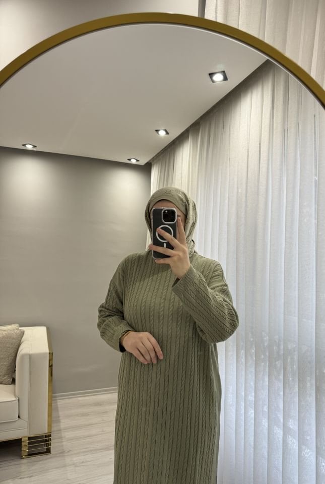 Örgülü triko elbise mint yeşili