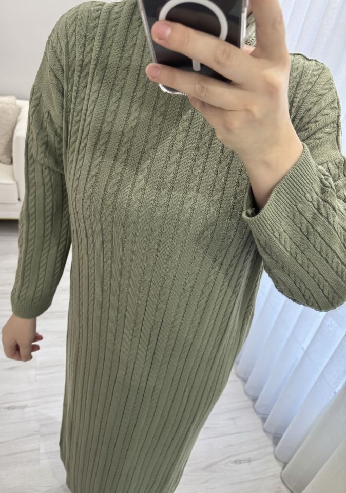 Örgülü triko elbise mint yeşili