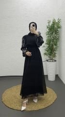 Kol detayı desenli elbise siyah