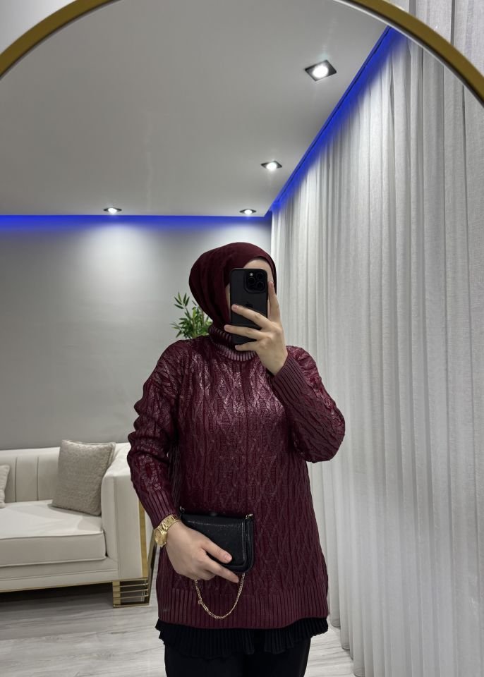 Varaklı kazak bordo