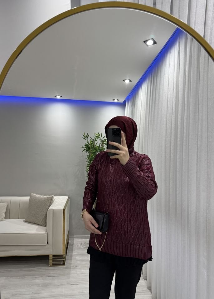 Varaklı kazak bordo