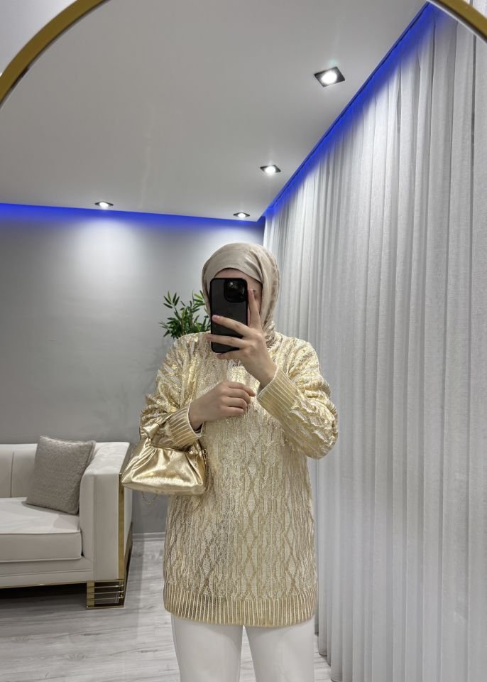 Varaklı kazak gold renk