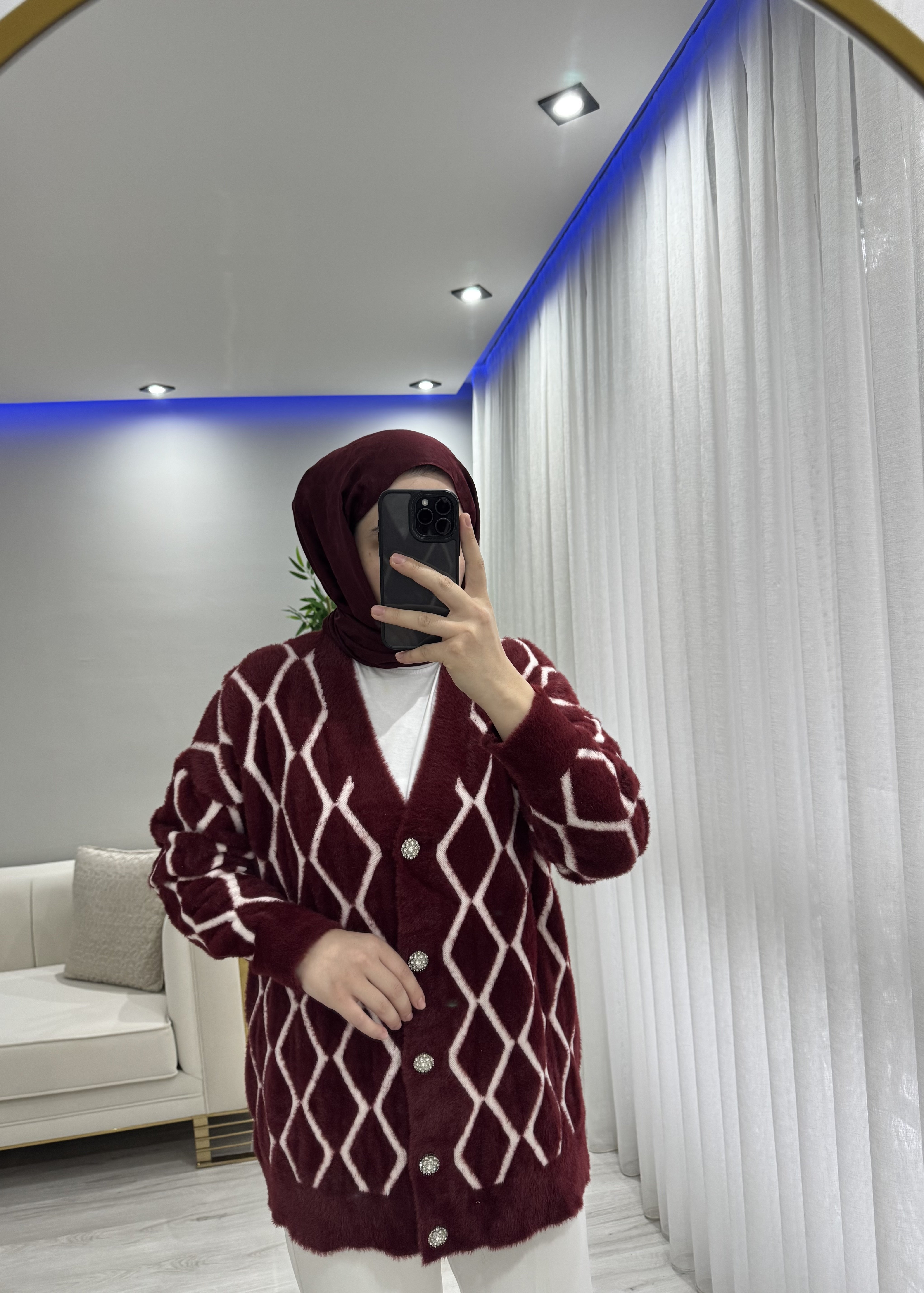 Baklava desenli Angora hırka bordo renk