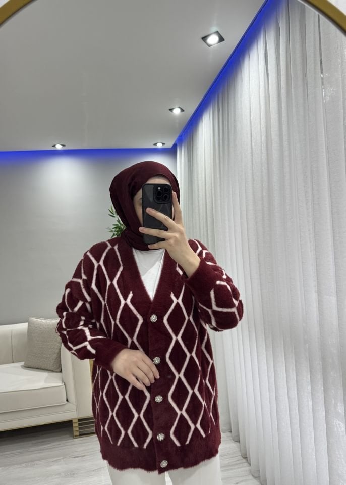 Baklava desenli Angora hırka bordo renk