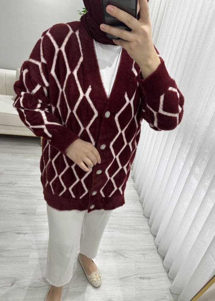 Baklava desenli Angora hırka bordo renk