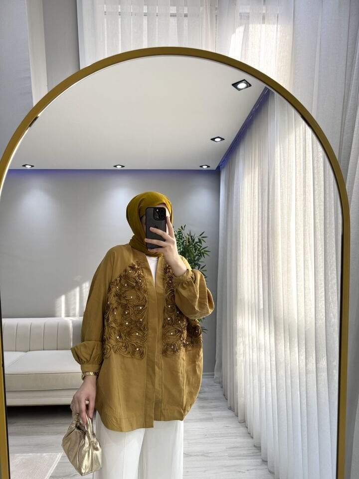 Çiçek kimono hardal sarısı