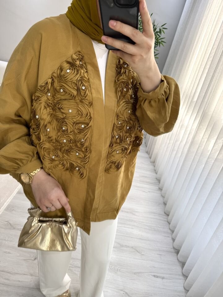 Çiçek kimono hardal sarısı