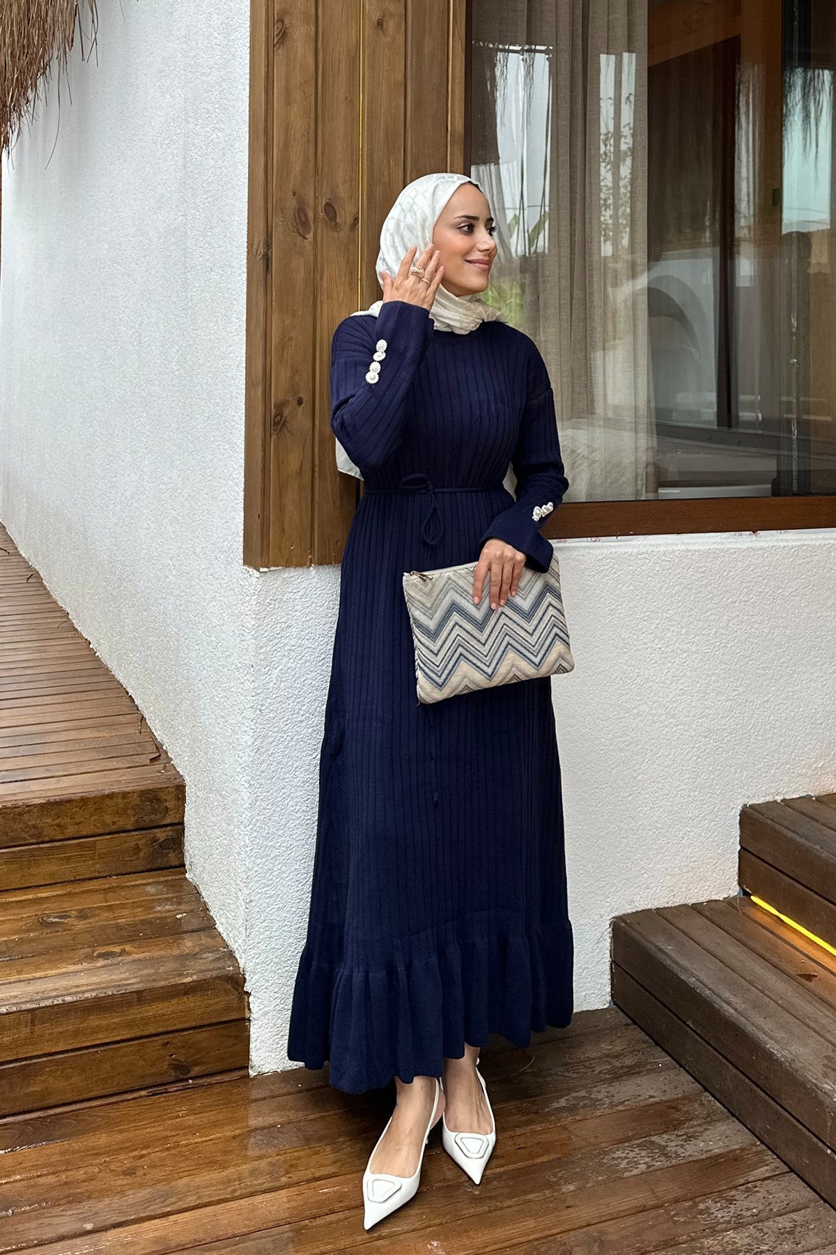 Blazer düğmeli triko elbise lacivert