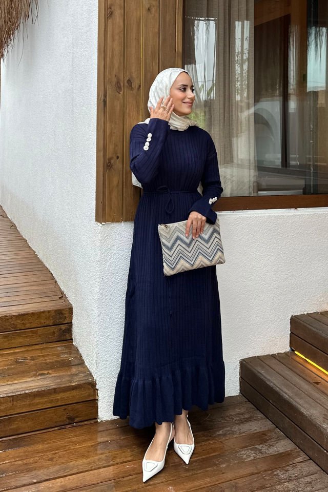 Blazer düğmeli triko elbise lacivert