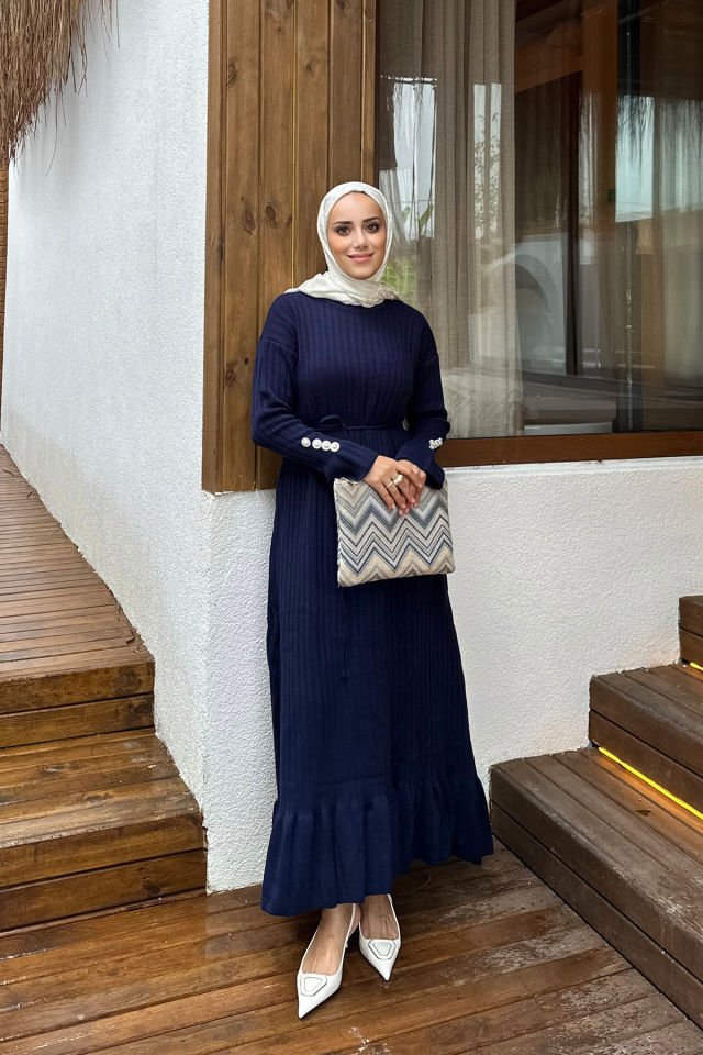 Blazer düğmeli triko elbise lacivert